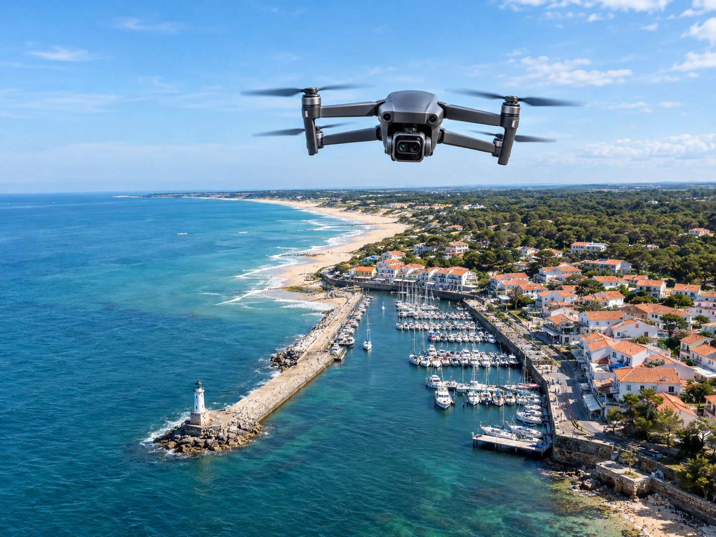 Drone en vol au-dessus d'un port et d'une plage en Aquitaine