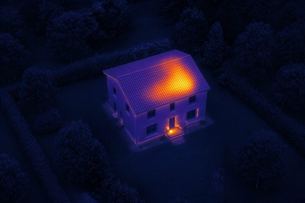 Exemple d'image thermique d'une maison vue par drone : déperditions de chaleur sur le toit et sous la porte d'entrée